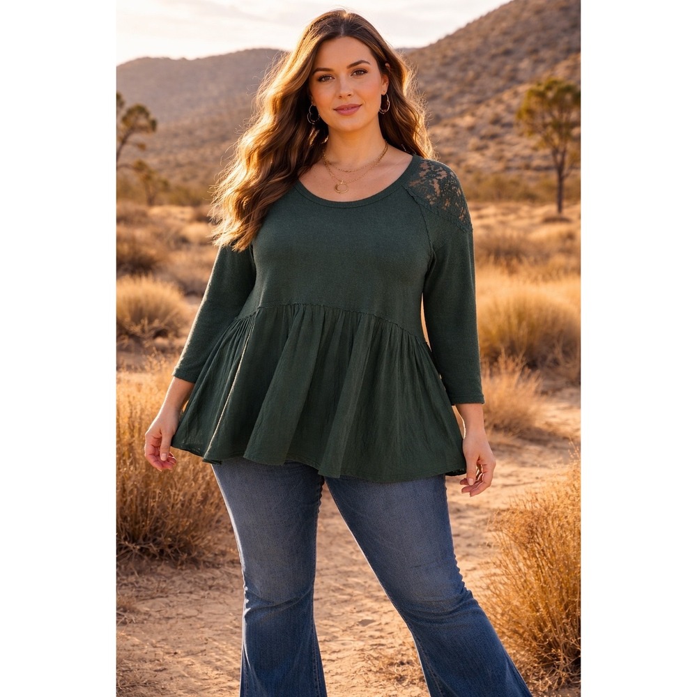 Boho Lacy Shoulder‎ Babydoll Tunic Top Forest Green Flowy Gauze Sz 2XMixed Media